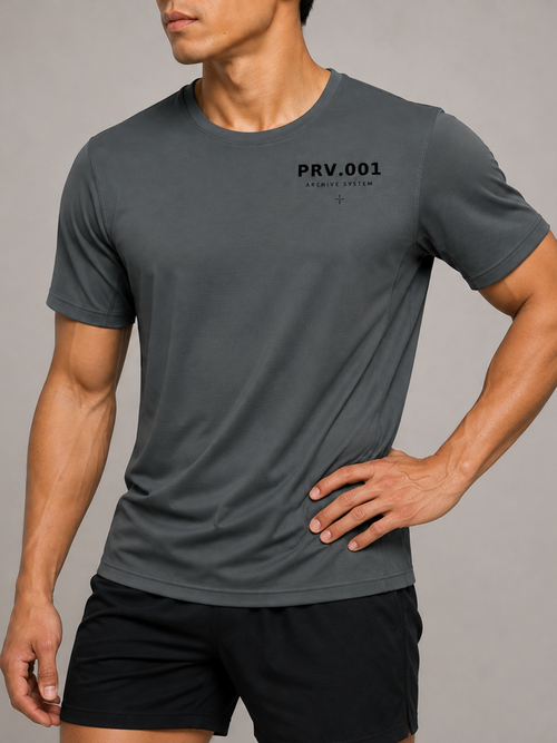 Grey essential training tee in a regular athletic fit, PR Vault Drop 001